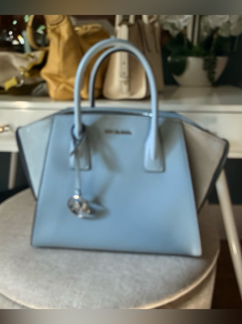 Michael Kors light Blue Structured Tote Handbag with Silver Charm